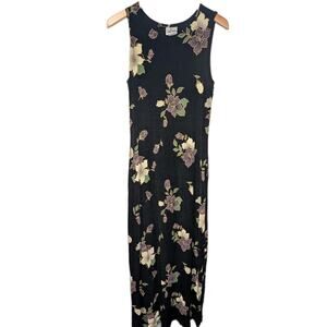 Jalate Floral Maxi Dress M Black Sleeveless Vintage 90s Cottagecore Boho Stretch